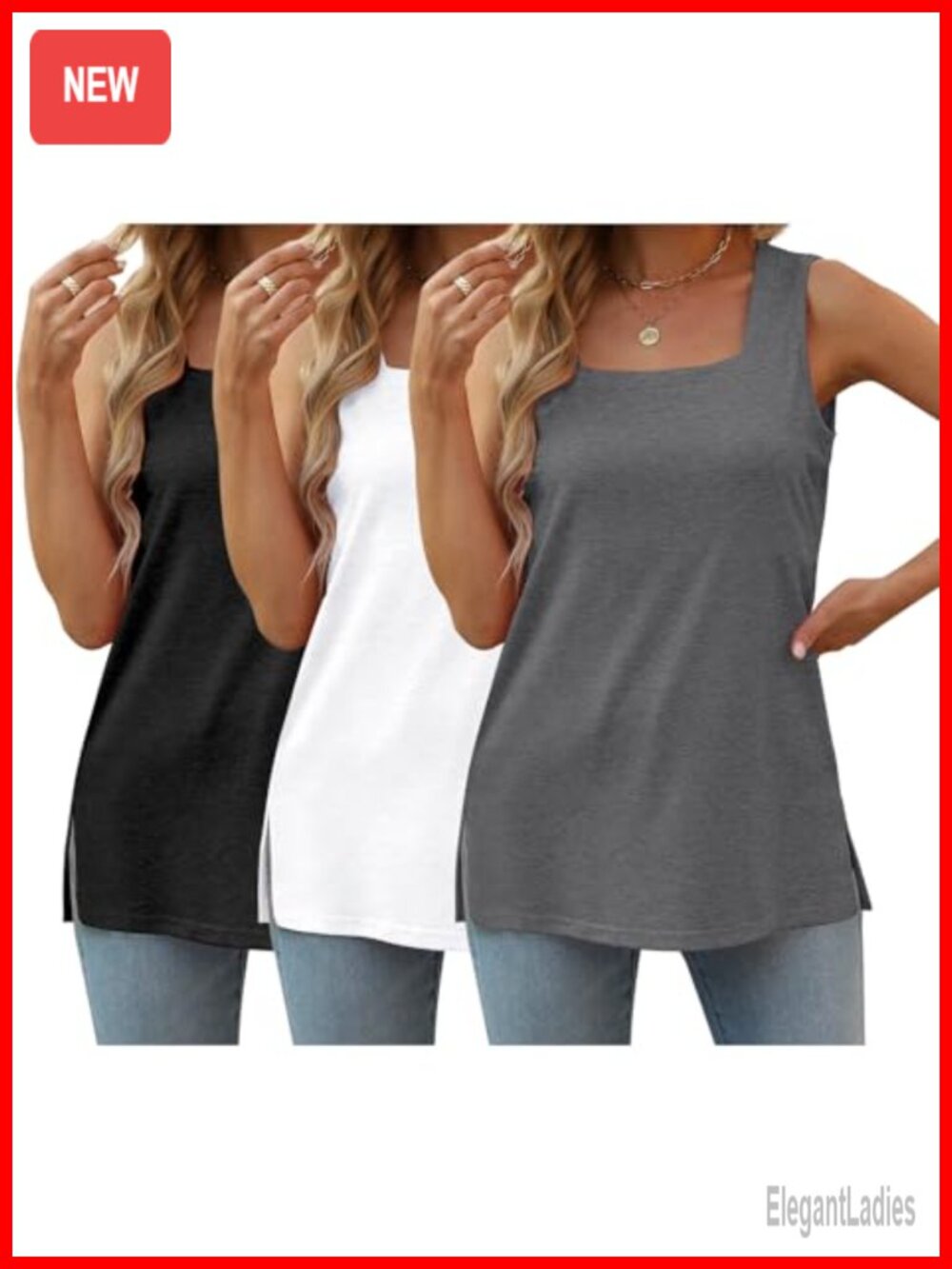 Plus Size Square Neck Tank Tops Sleeveless Side Slit Summer Tees